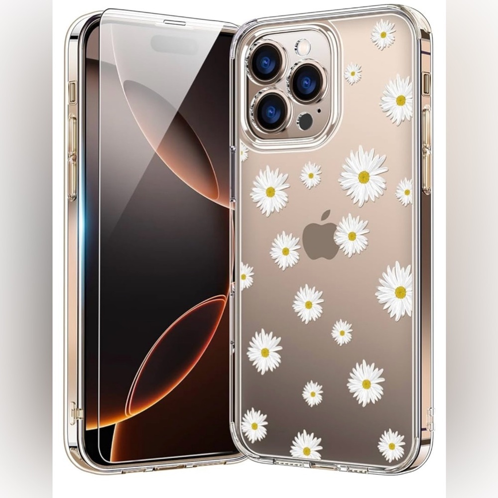 New iPhone 16 Pro Clear Daisy Phone Case with Screen Protector